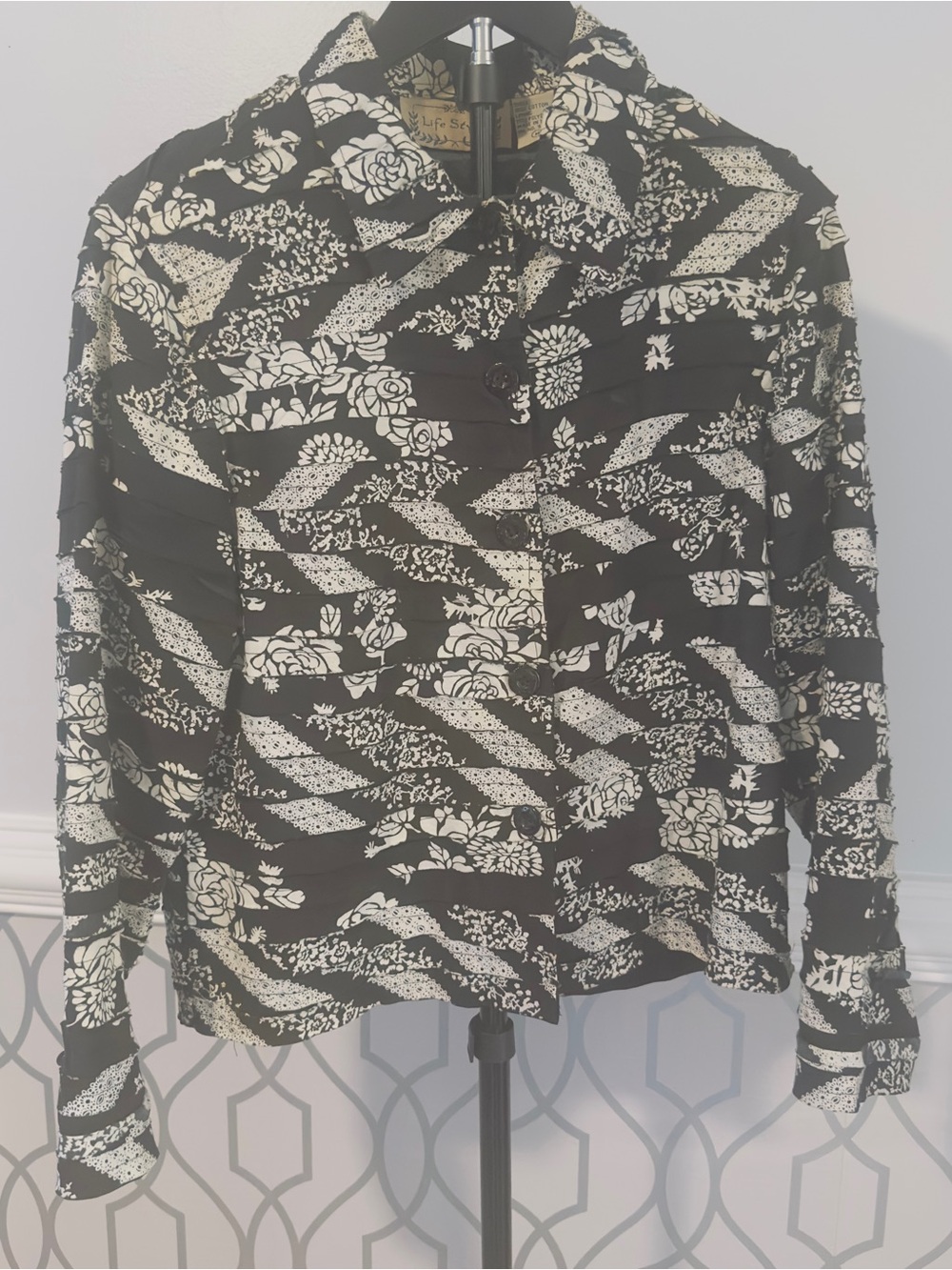 Lifestyle Woman's Black & White Floral Button Up Front Jacket Textured Tiered